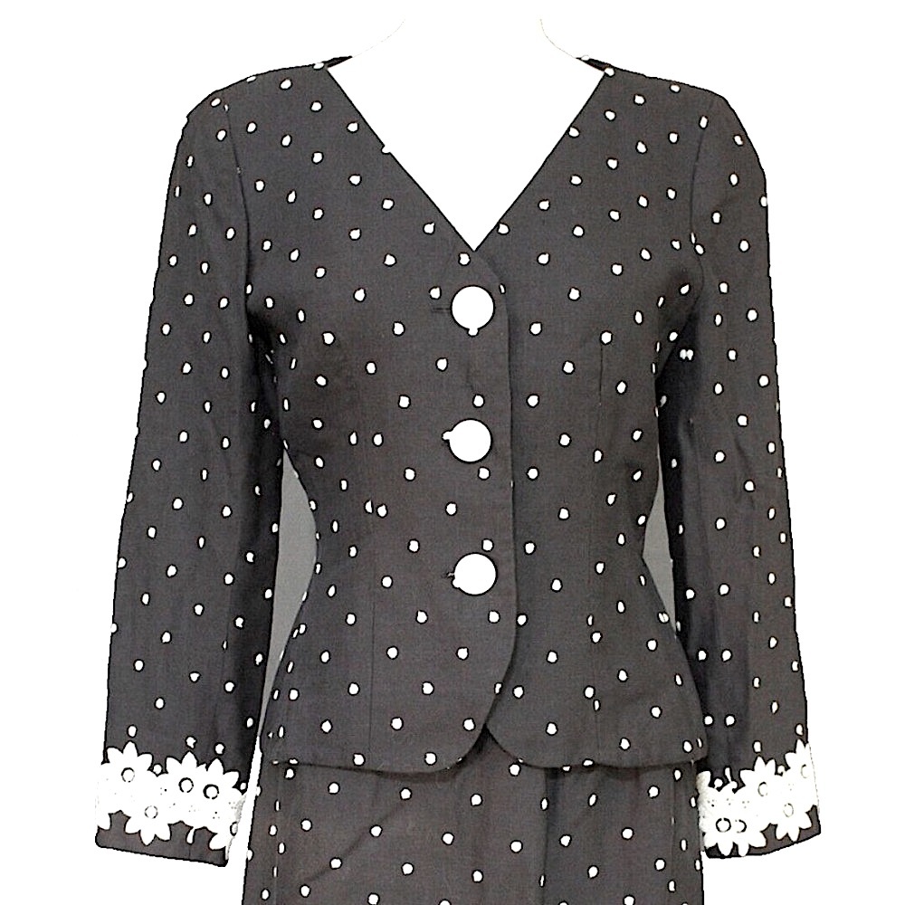 Rickie Freeman Teri Jon Vintage 80s Black White Embroidered Polka Dot Jacket